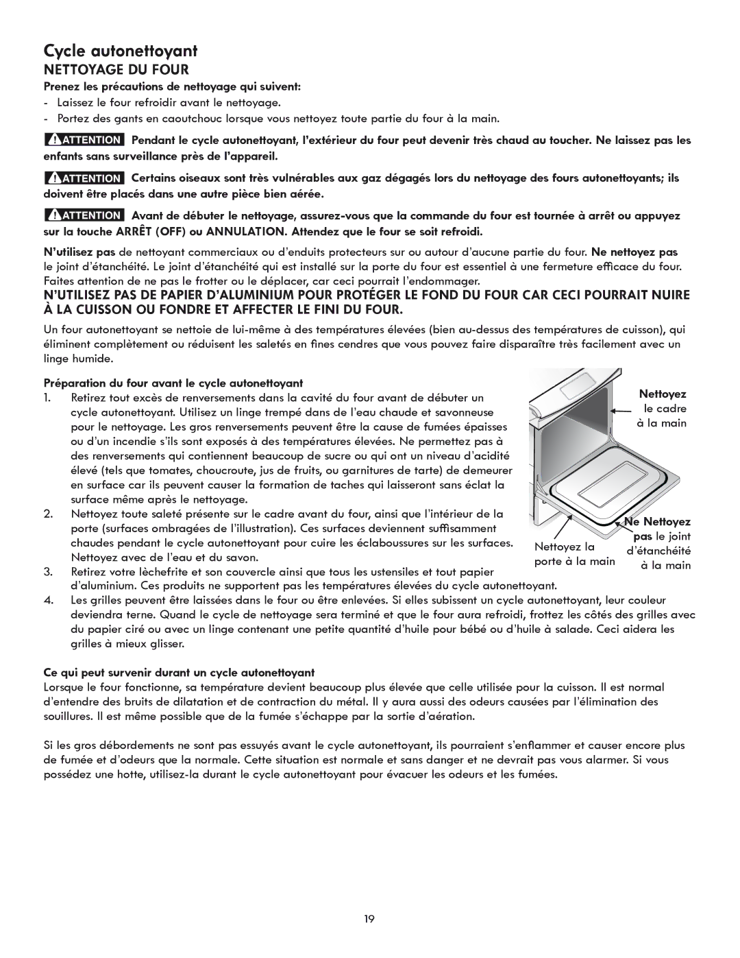 Kenmore 318205869A manual Cycle autonettoyant, Nettoyage du four, Prenez les précautions de nettoyage qui suivent 