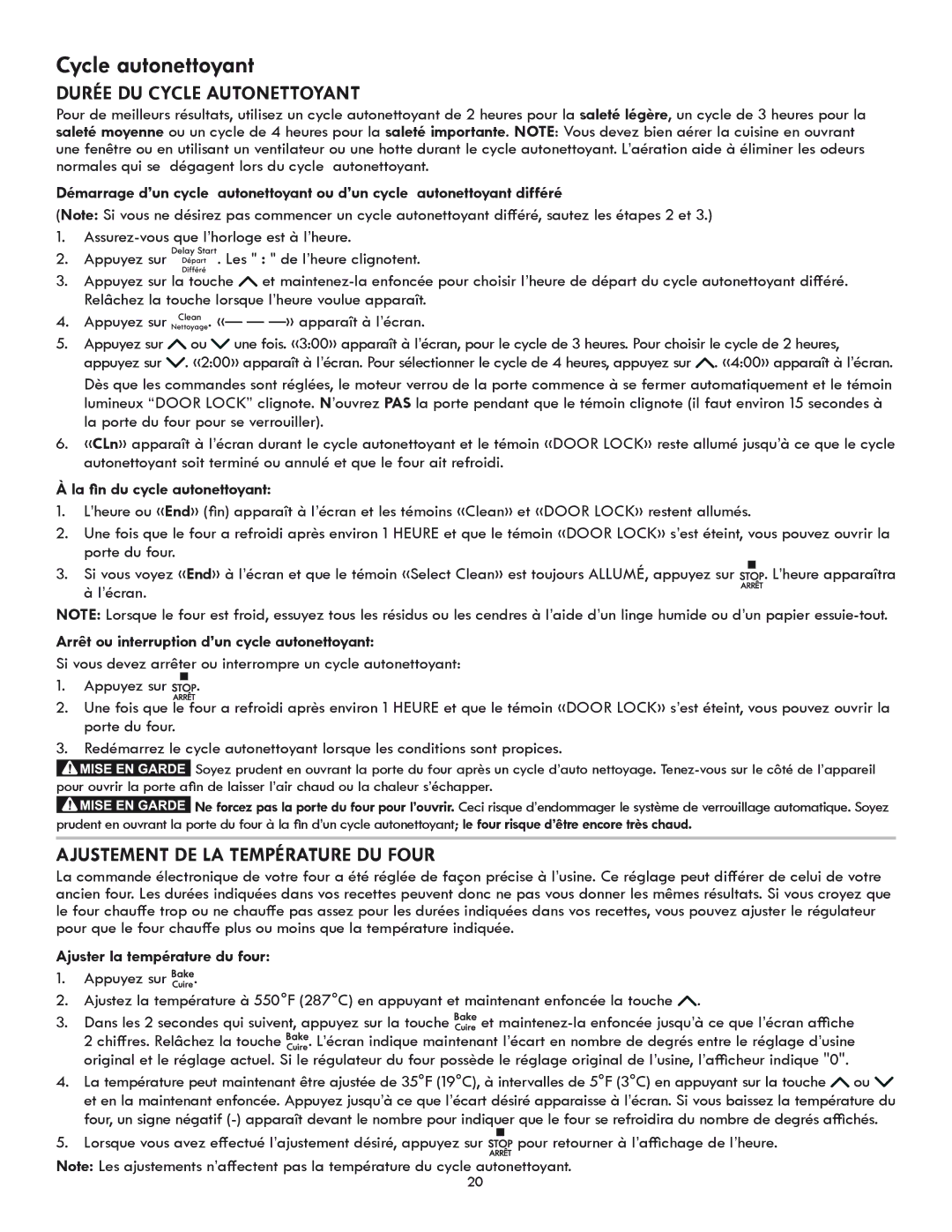 Kenmore 318205869A manual Durée du cycle autonettoyant, Ajustement de la température du four, La fin du cycle autonettoyant 