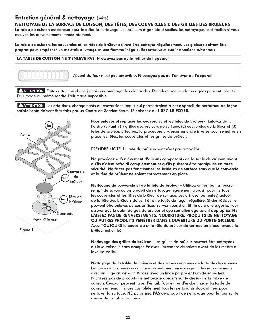 Kenmore 318205869A manual Entretien général & nettoyage suite, 1er 