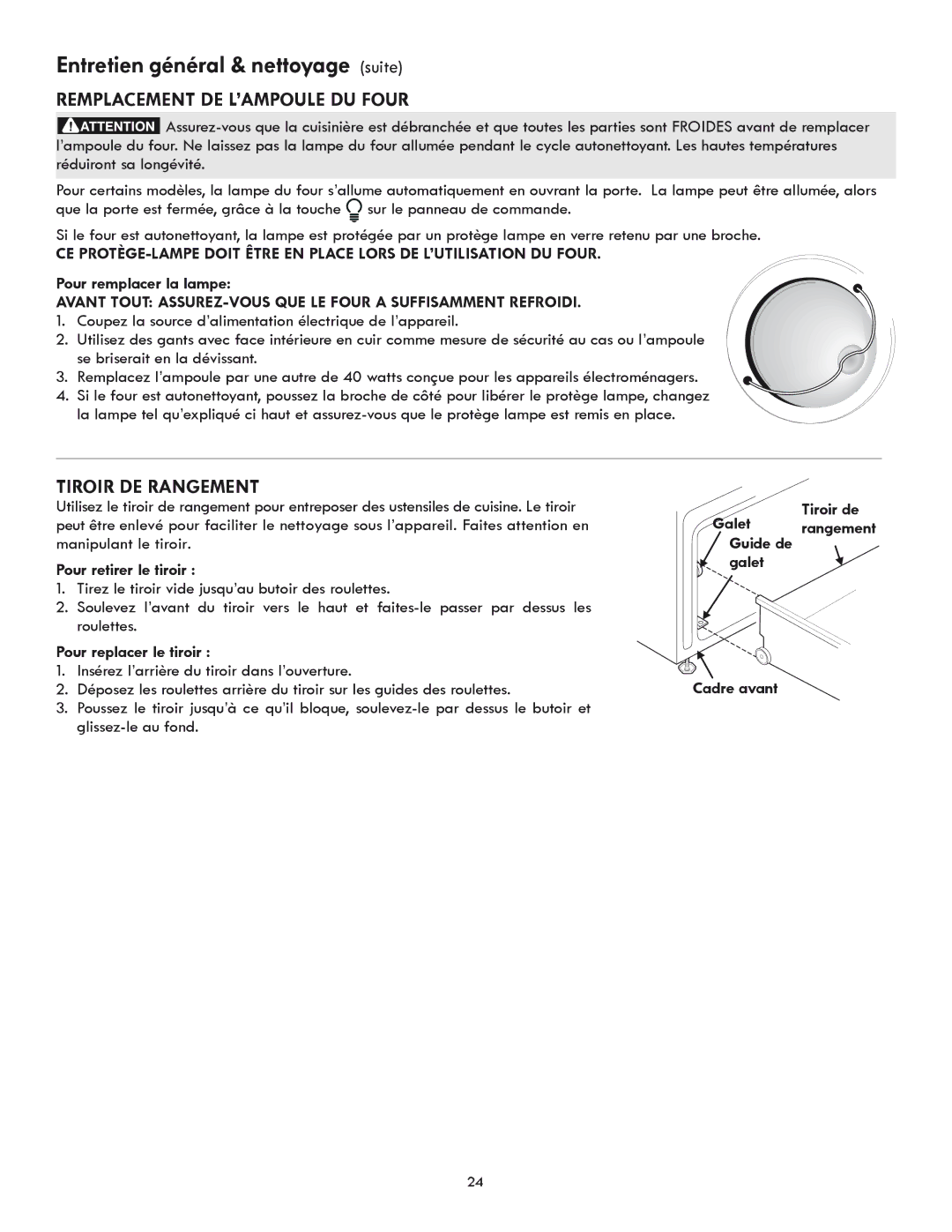 Kenmore 318205869A manual Remplacement de l’ampoule du four, Tiroir de rangement 