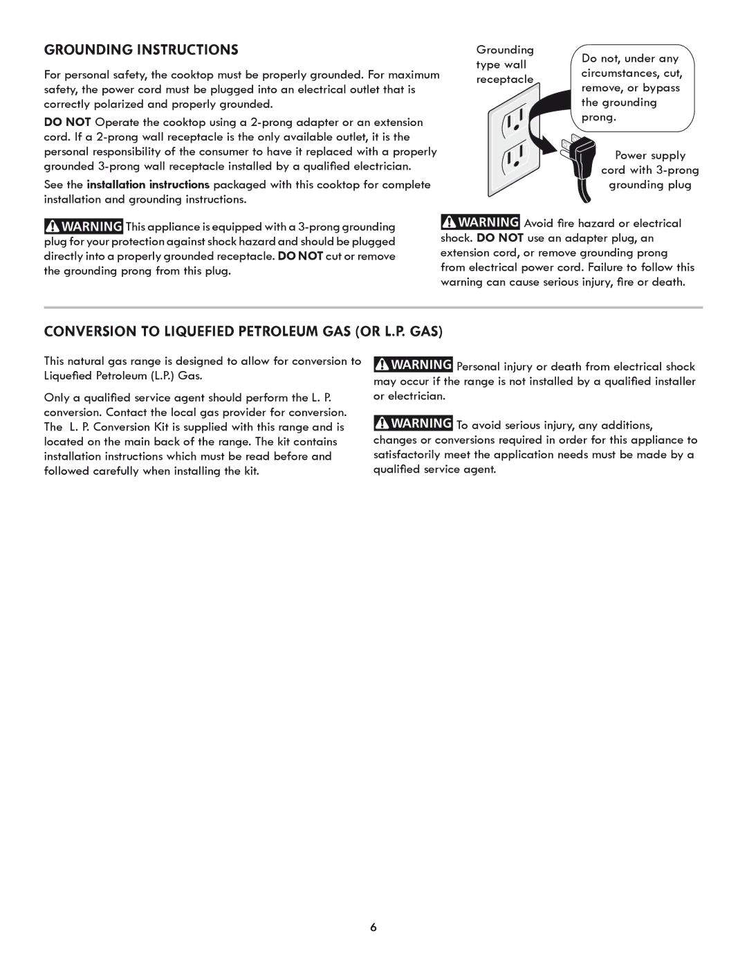 Kenmore 318205869A manual Grounding Instructions, Conversion to Liquefied Petroleum Gas or L.P. Gas 