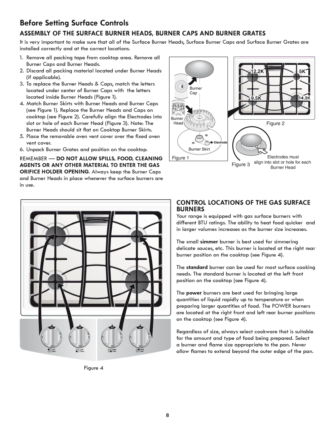 Kenmore 318205869A manual Before Setting Surface Controls, Control Locations of the Gas Surface Burners 