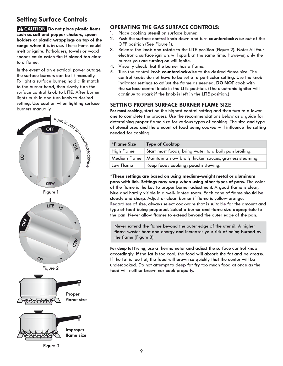 Kenmore 318205869A Setting Surface Controls, Operating the Gas Surface Controls, Setting Proper Surface Burner Flame Size 