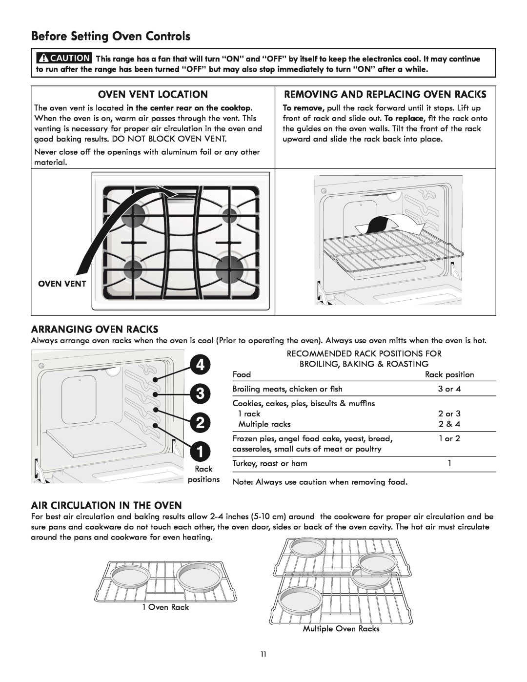 Kenmore 318205869A manual Before Setting Oven Controls, Oven Vent Location, Removing and Replacing Oven Racks 