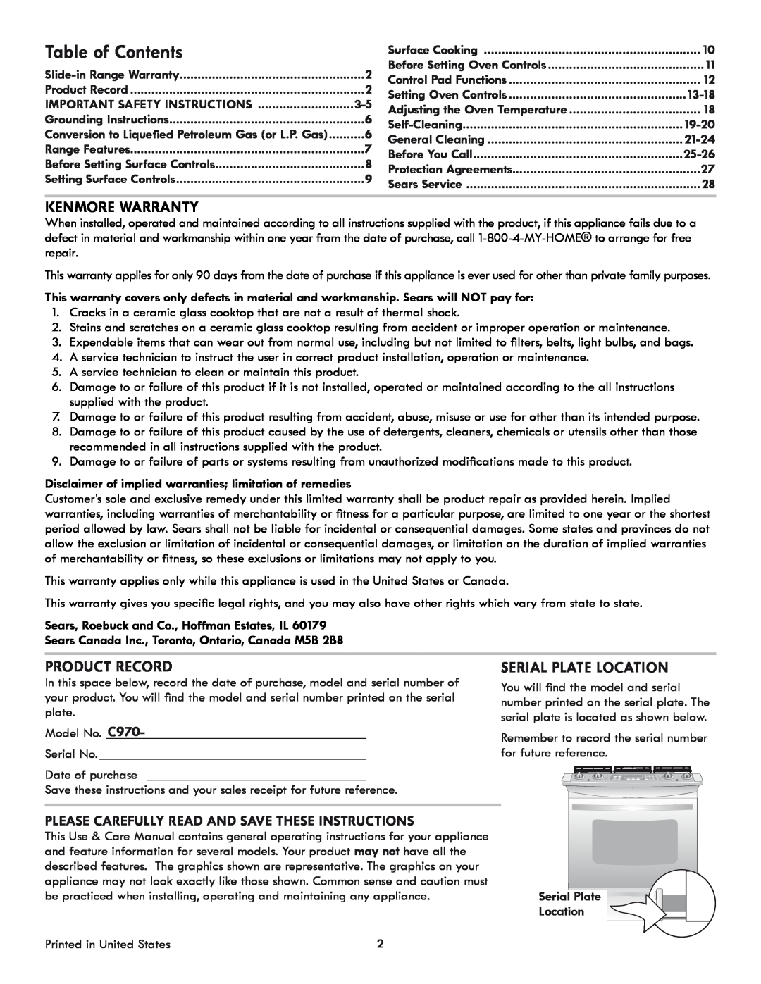 Kenmore 318205869A manual Table of Contents, Kenmore Warranty, Product Record, Serial Plate Location 