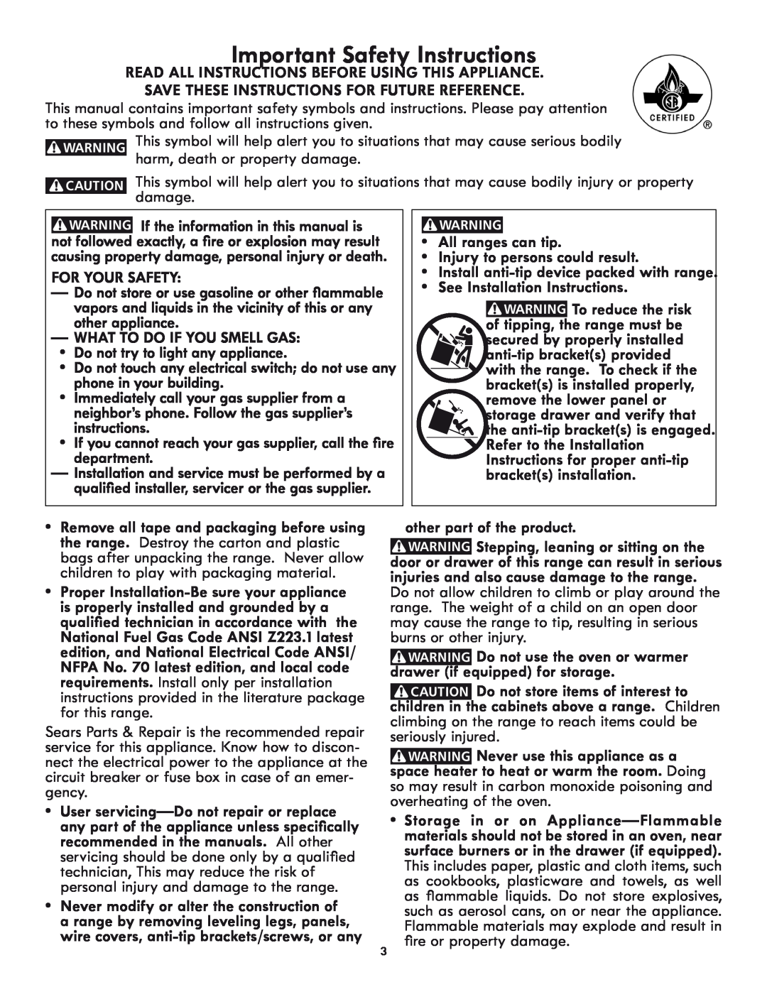 Kenmore 318205869A manual Important Safety Instructions, Read all instructions before using this appliance, For Your Safety 