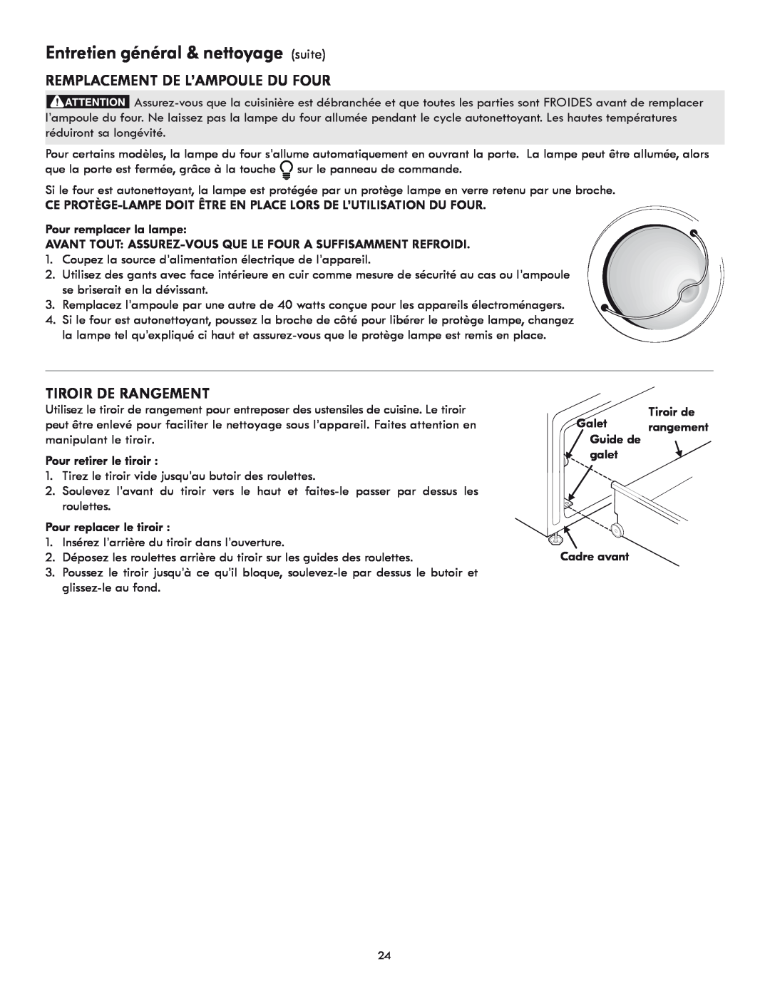 Kenmore 318205869A manual Entretien général & nettoyage suite, Remplacement de l’ampoule du four, Tiroir de rangement 