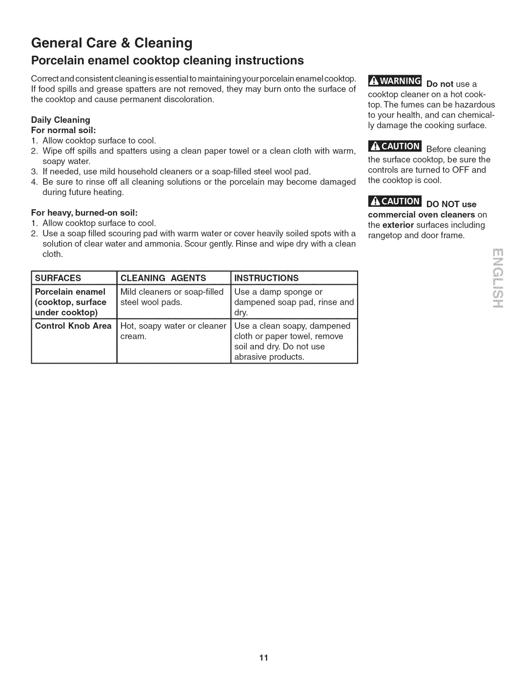 Kenmore 790.324, 3241 manual Porcelain enamel cooktop cleaning instructions, Instructions 