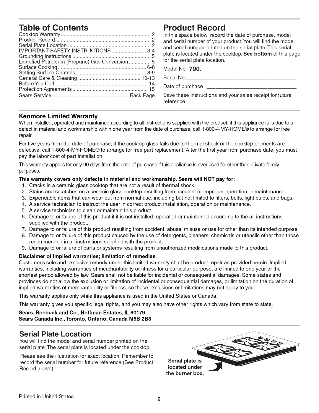 Kenmore 3241, 790.324 manual Contents Product Record 