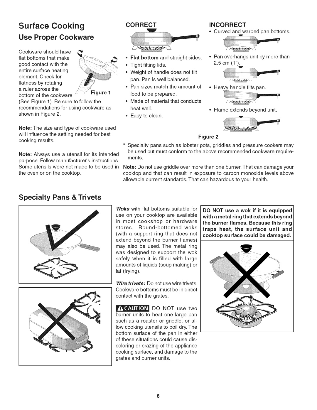 Kenmore 3241, 790.324 manual Surface Cooking, Use Proper Cookware, Specialty Pans & Trivets 
