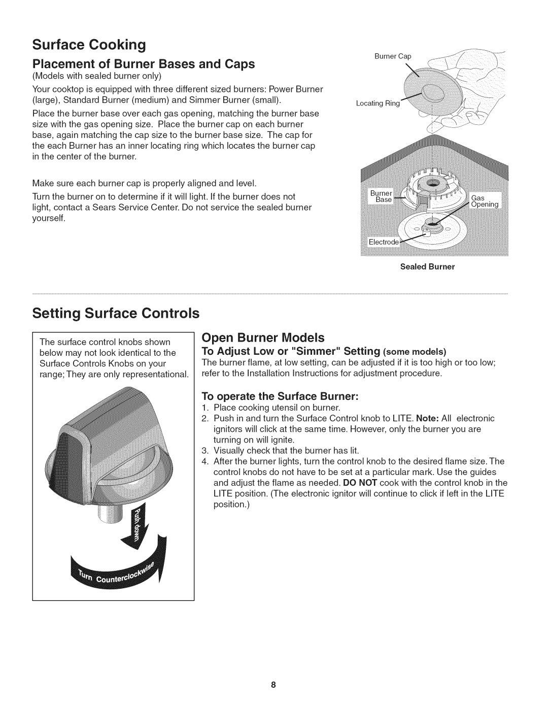 Kenmore 3241, 790.324 manual Placement of Burner Bases and Caps, Open Burner Models 