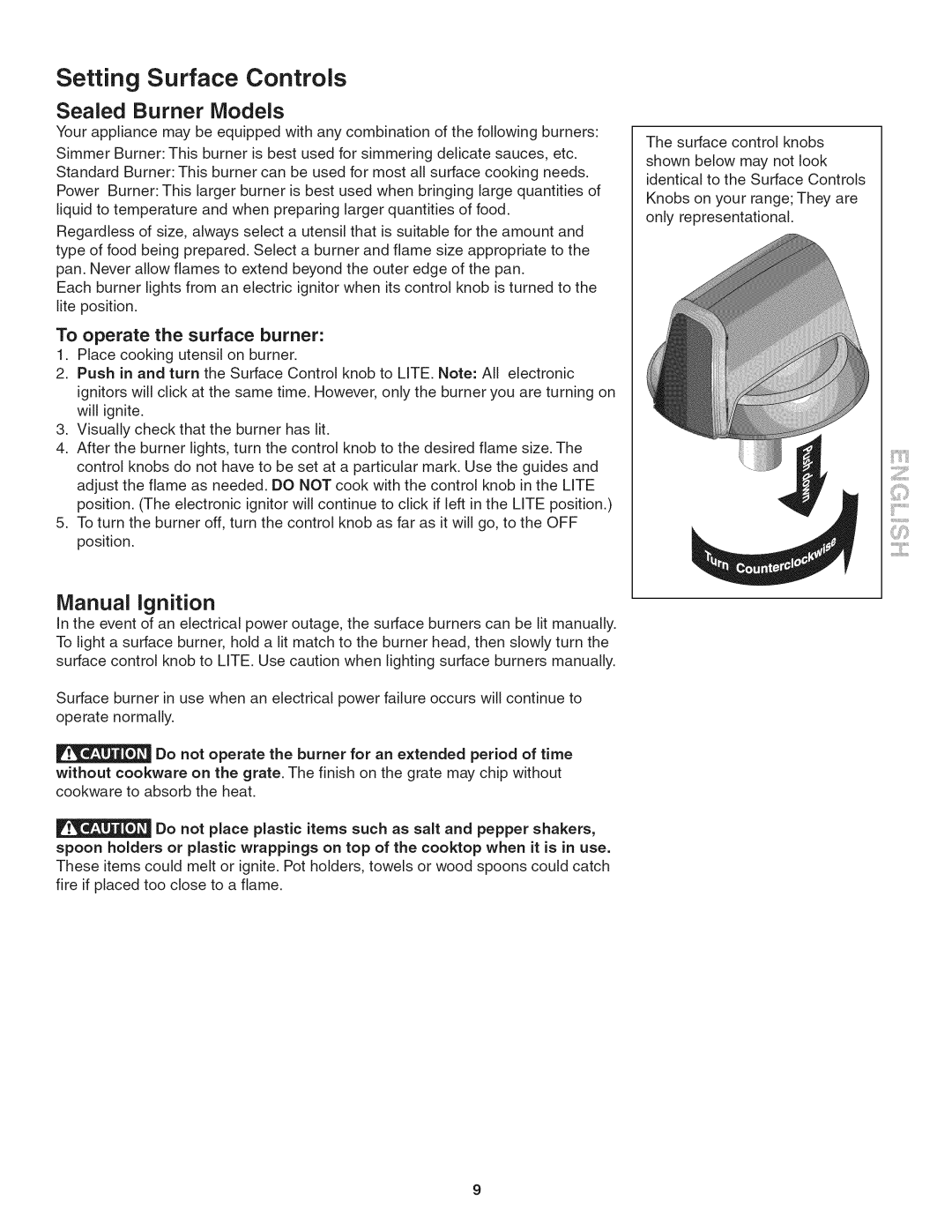 Kenmore 790.324, 3241 manual Setting Surface Controls, Sealed Burner Models, Manual Ignition 