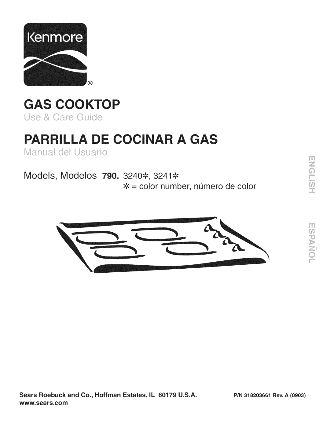 Kenmore 790.324 manual E COCl A A GAS, Gas Cooktop, Models, Modelos 790. 3240-,-,3241, = color number, n_mero de color 