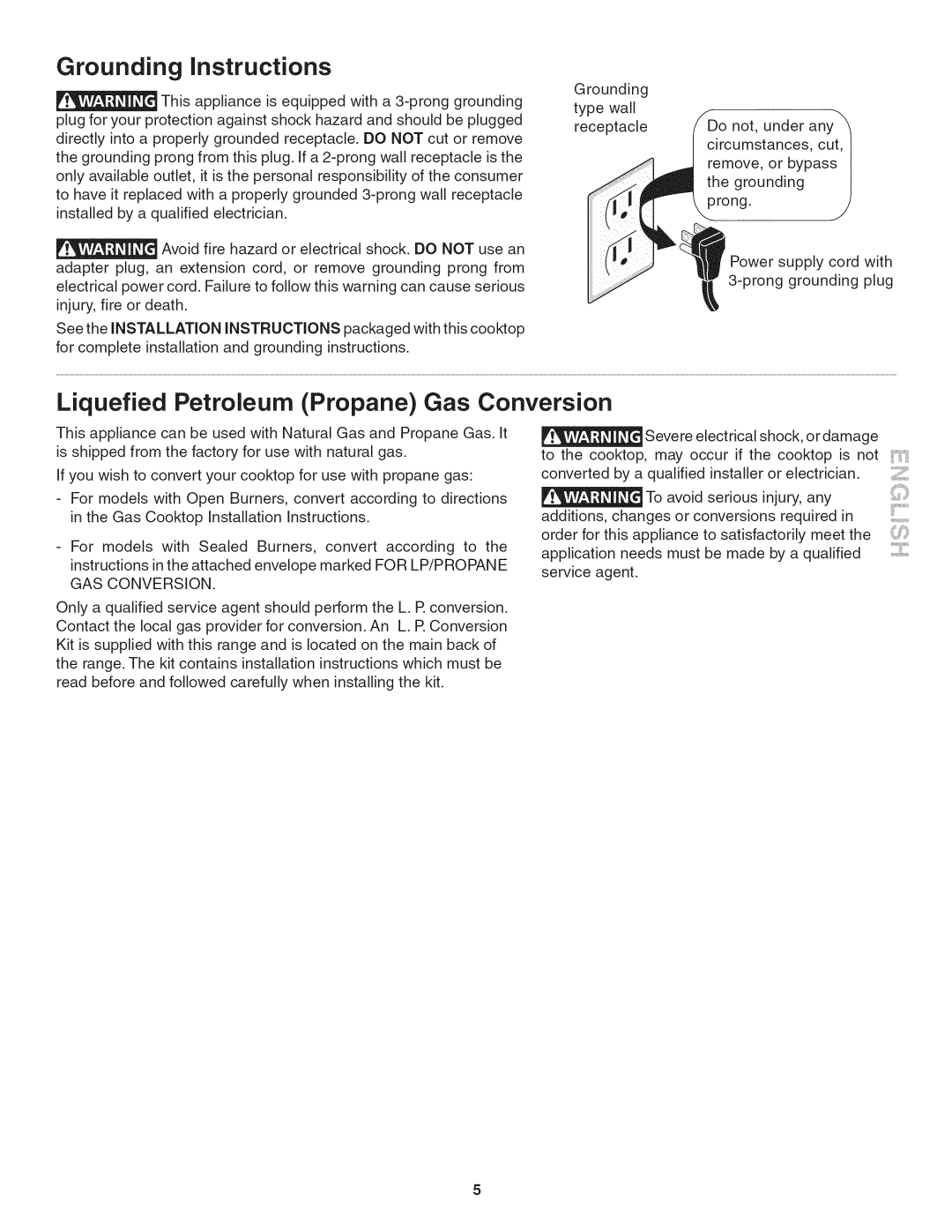 Kenmore 790.324, 3241 manual Grounding instructions, Liquefied Petroleum Propane Gas Conversion 