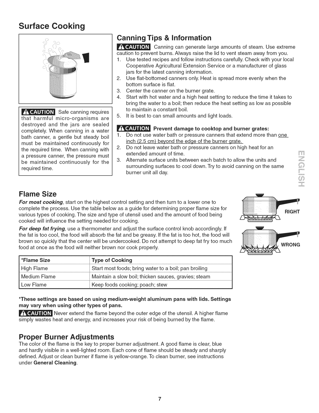Kenmore 790.324, 3241 manual Canning Tips & Information, Proper Burner Adjustments, Surface Cooking, Flame Size 