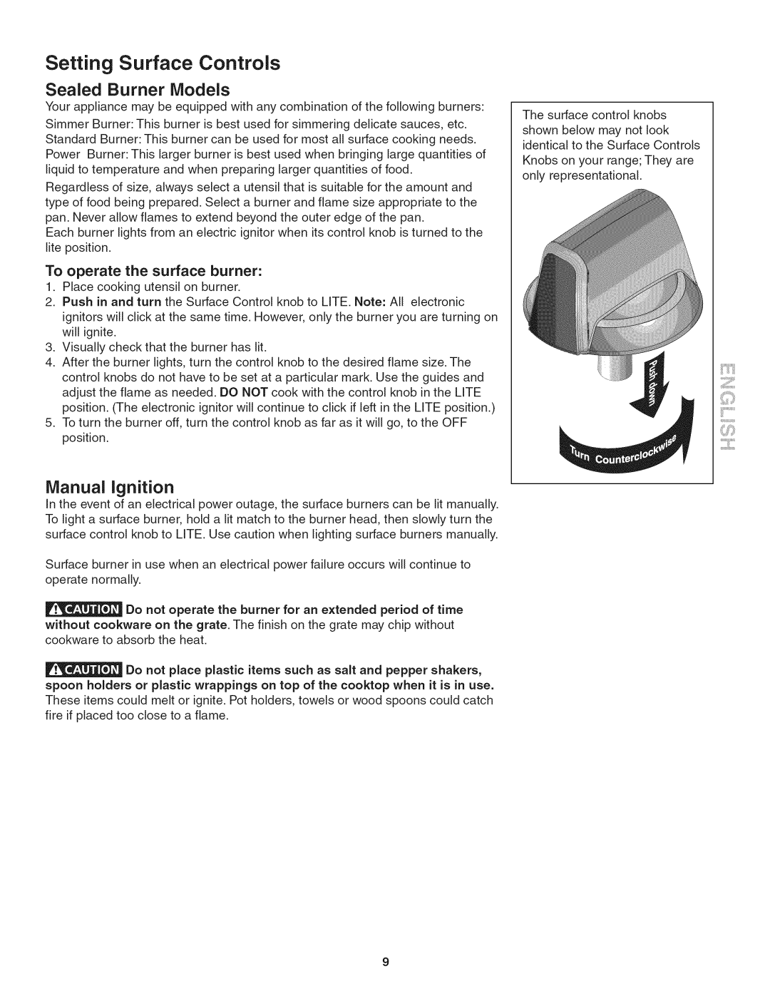 Kenmore 790.324, 3241 manual Setting Surface Controls, Sealed Burner Models 
