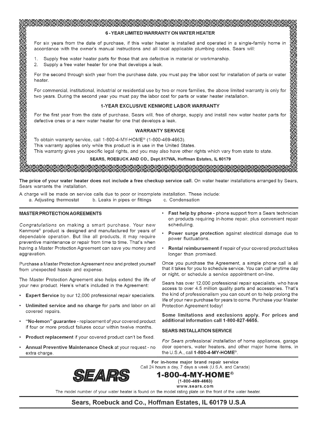 Kenmore 153.326663 50 GAL Sears, Roebuck and Co., Hoffman Estates, IL 60179 U.S.A, Year Exclusive Kenmore Labor Warranty 