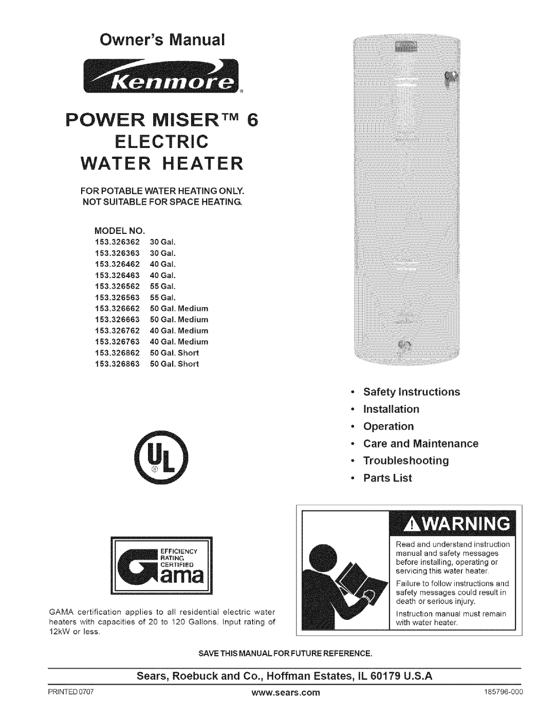 Kenmore 326862 50 GAL owner manual Electric, Power Misertm, Water Heater, Safety instructions * Installation, Model No 