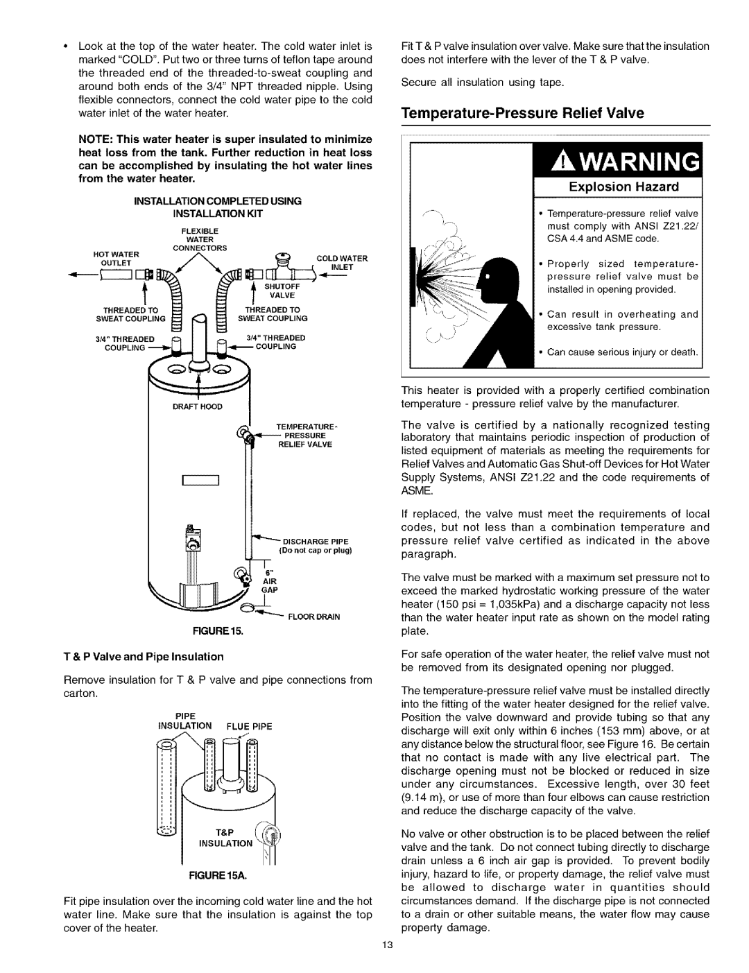 Kenmore 153, 336, 761 Temperature-Pressure Relief Valve, Installationcompletedusing Installation KIT, Floordrain, Rgure 15A 