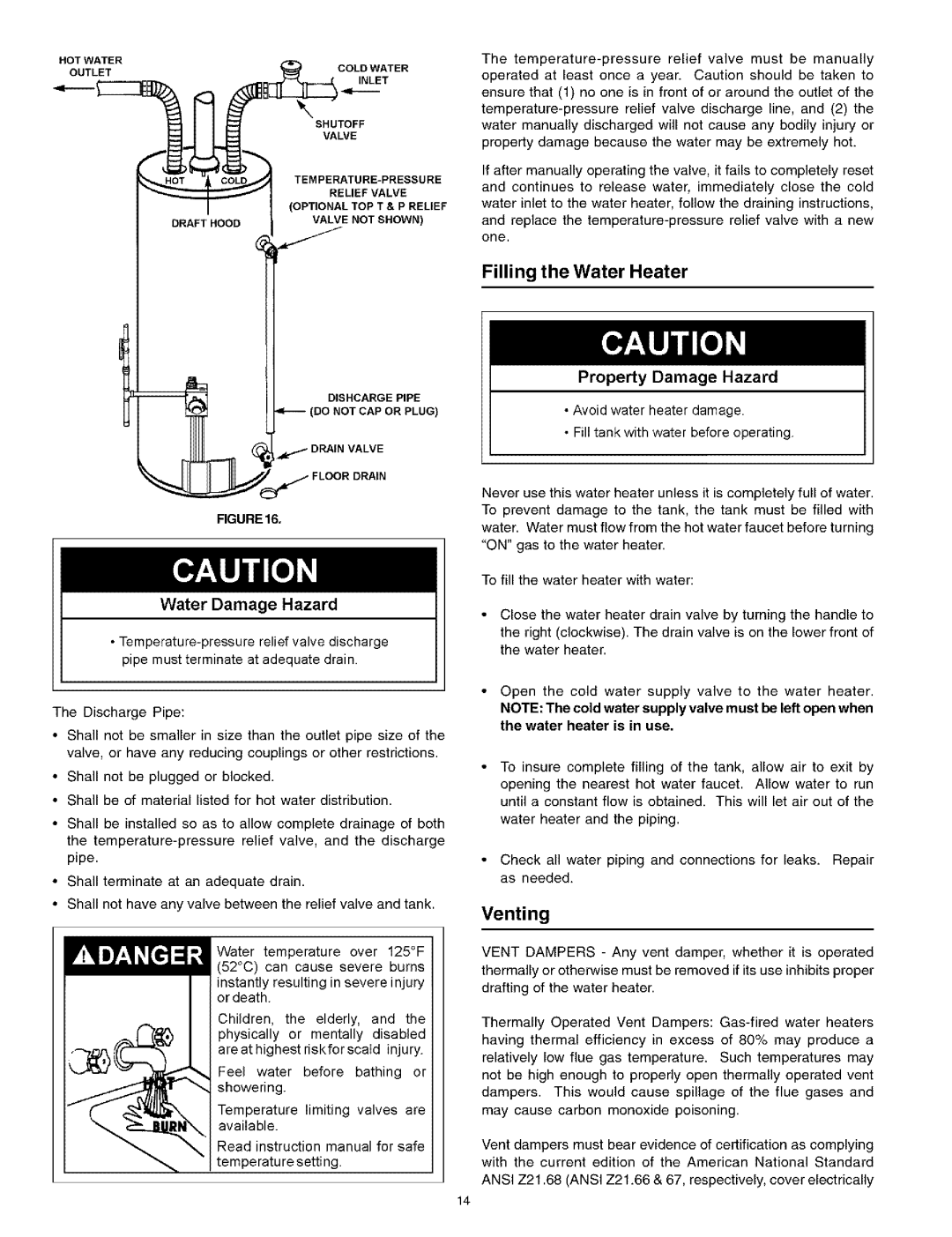 Kenmore 336801 HA, 336901 HA, 761, 153.336361, 153.336301 HA Filling the Water Heater, Venting, Water Damage Hazard 