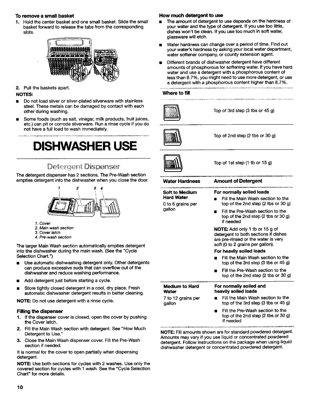 Kenmore 3384413A manual Dishwasher USE, Starting a cycle, Where to fill, Top of 1st tb or 15 g 