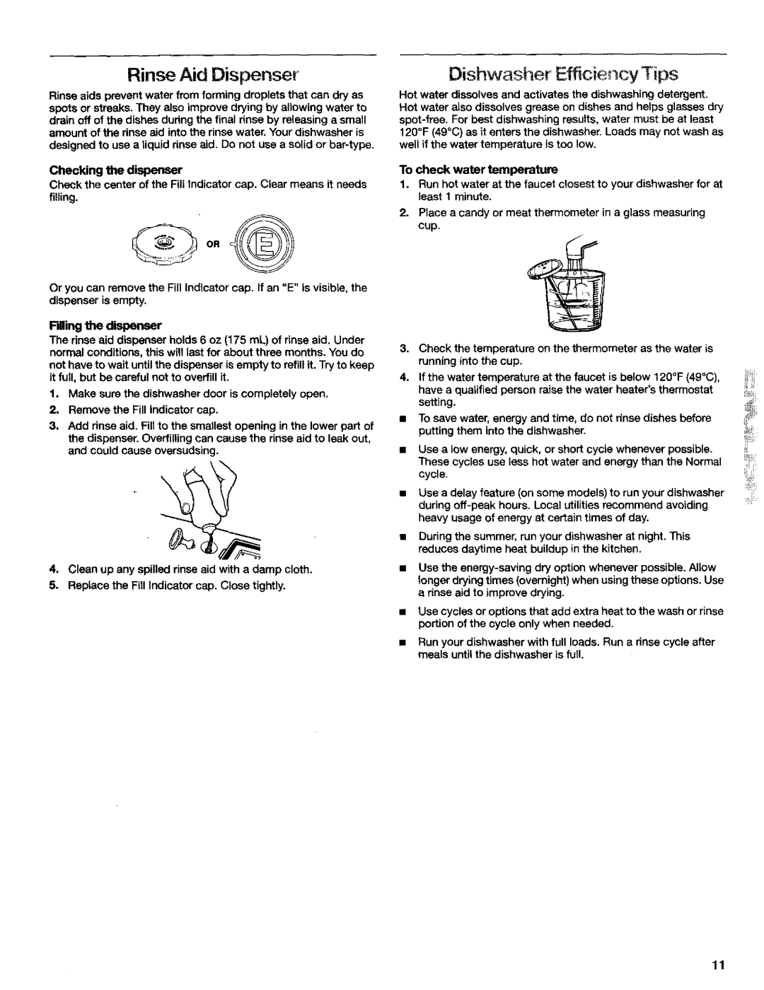 Kenmore 3384413A manual Rinse Aid Dispenser, To check water temperature 