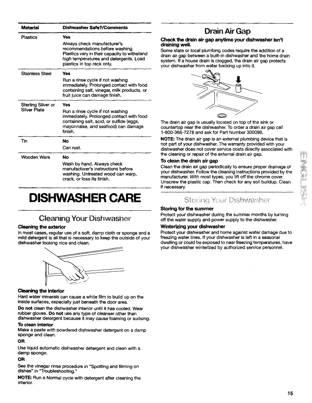 Kenmore 3384413A manual Dishwasher Care, Cleaning Your Dishwasher, Containing salt, acid, or sulfide eggs 