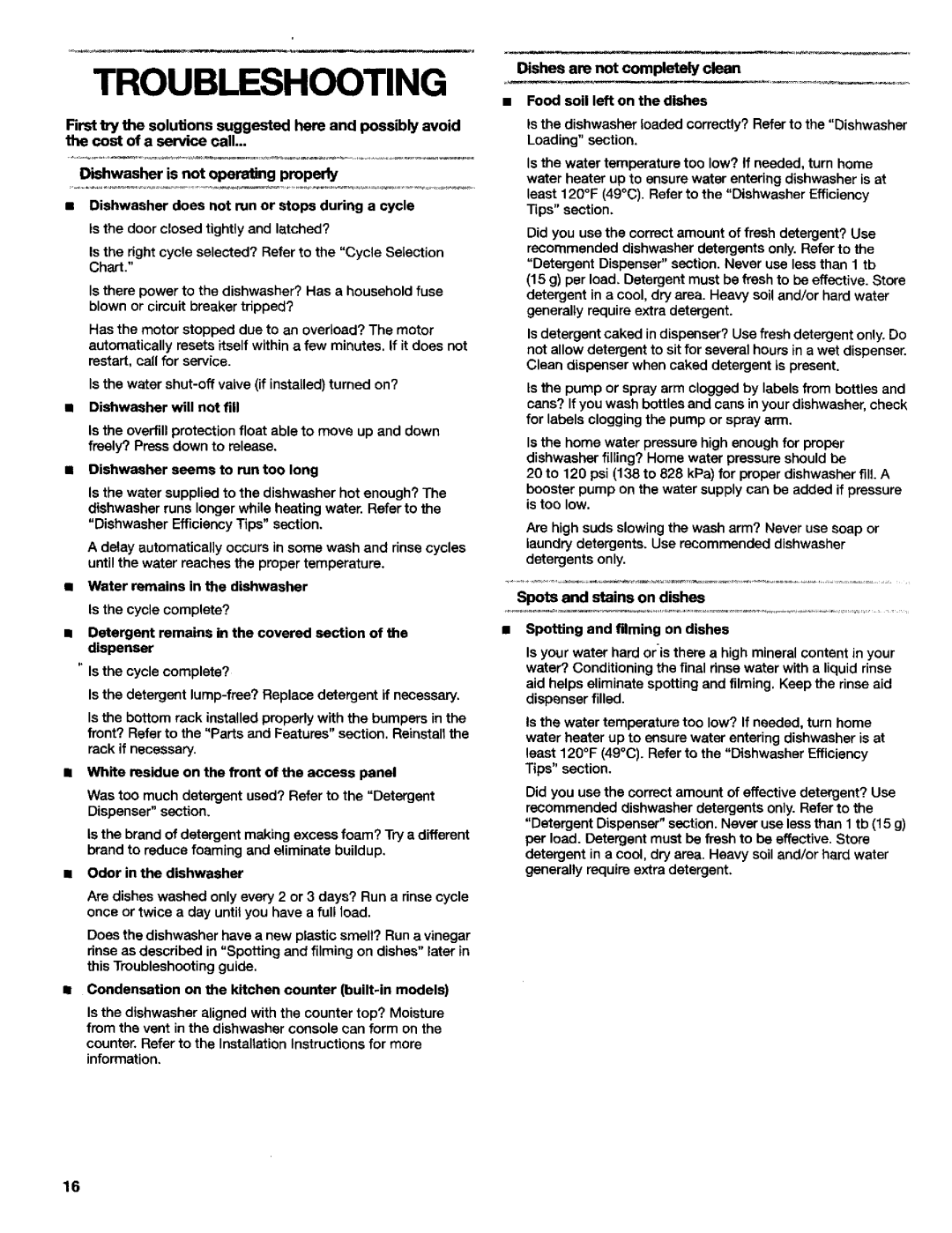 Kenmore 3384413A manual Troubleshooting, Dishwasher will not fill, Tips section 