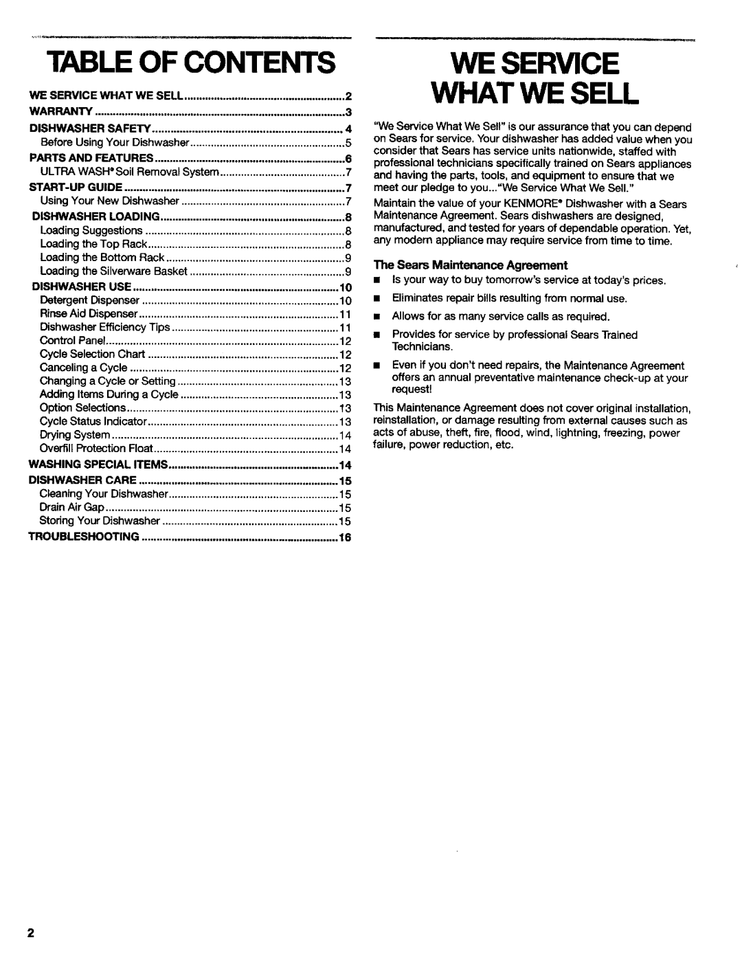 Kenmore 3384413A manual Tableof Contents 