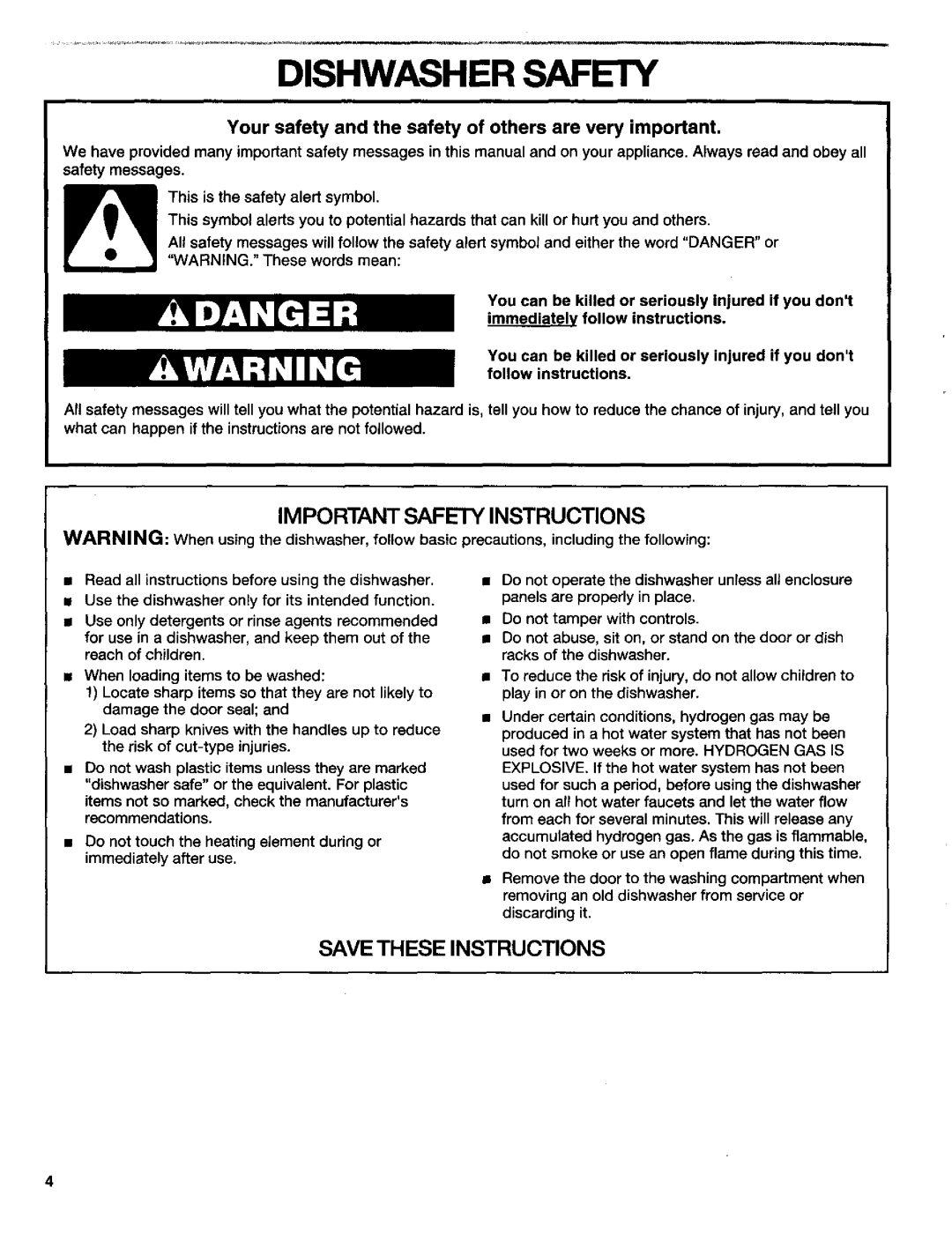 Kenmore 3384413A manual Dishwasher Safety, Important Safety Instructions 