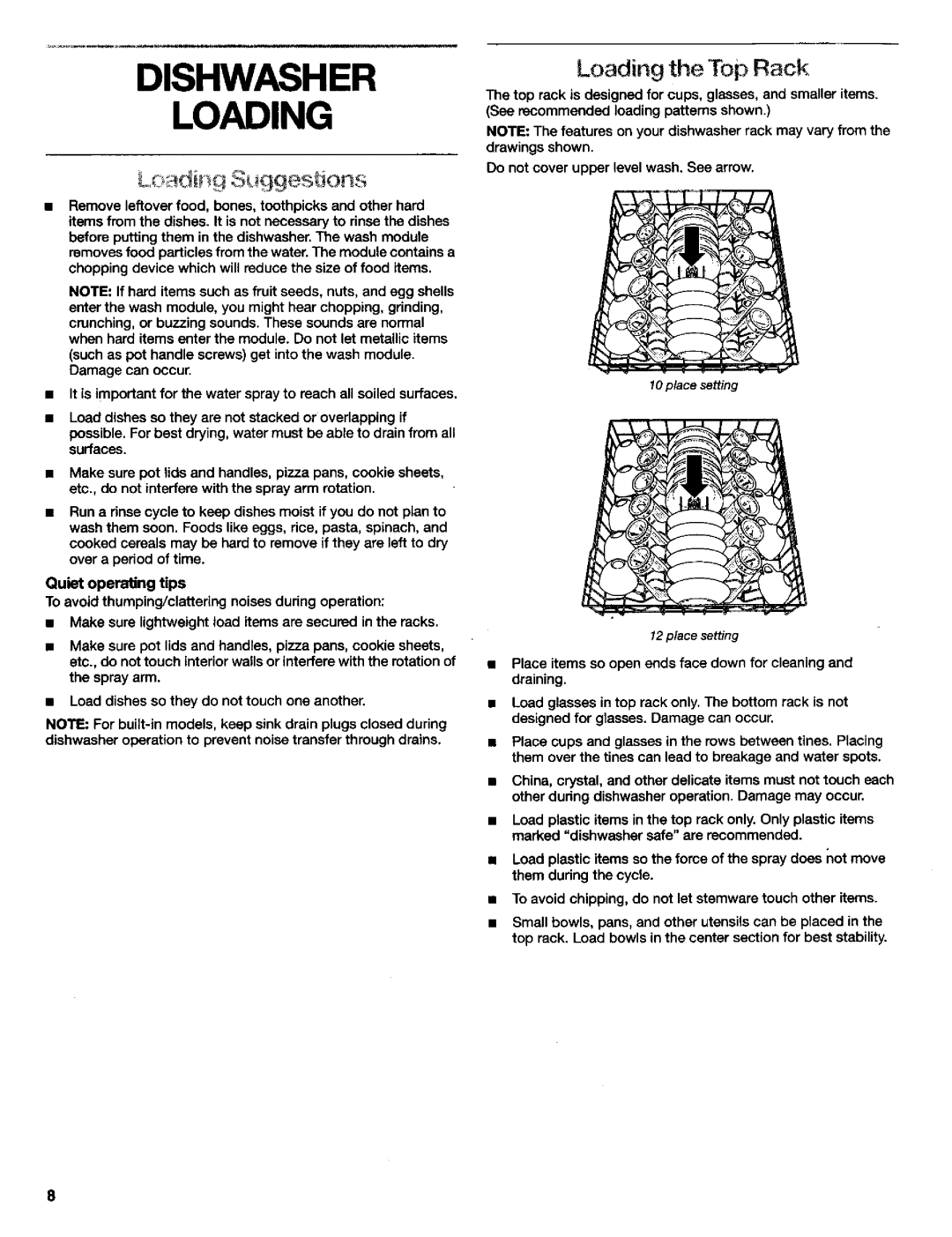 Kenmore 3384413A manual Dishwasher Loading, Lo . diF gS 99es o s, Loading the Top Rack 