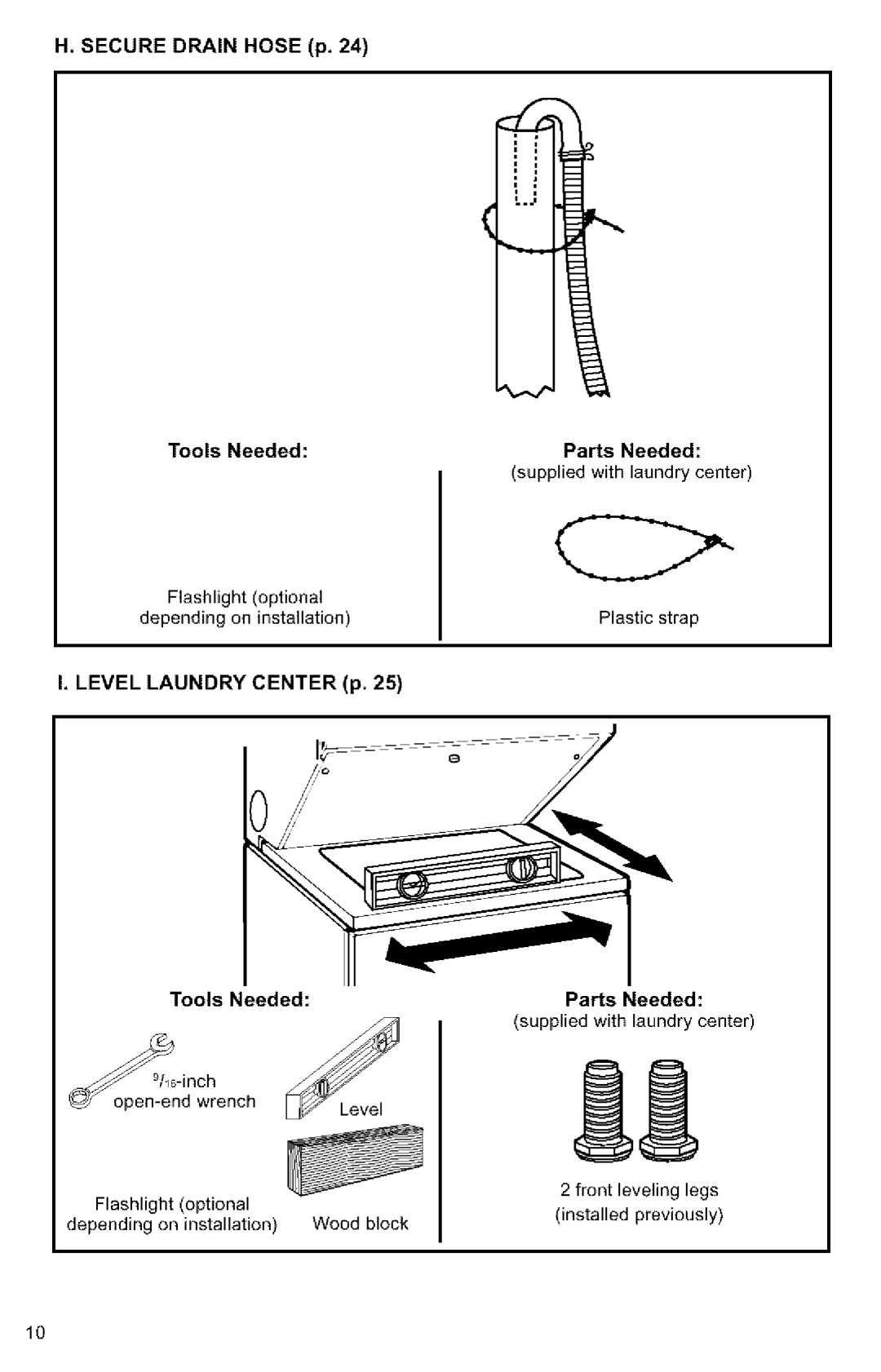 Kenmore 3405594 owner manual Secure Drain Hose p Tools Needed Parts Needed, Level Laundry Center p 