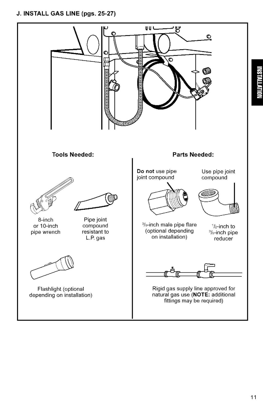 Kenmore 3405594 owner manual Install GAS Line pgs Tools Needed PaNs, Do not 