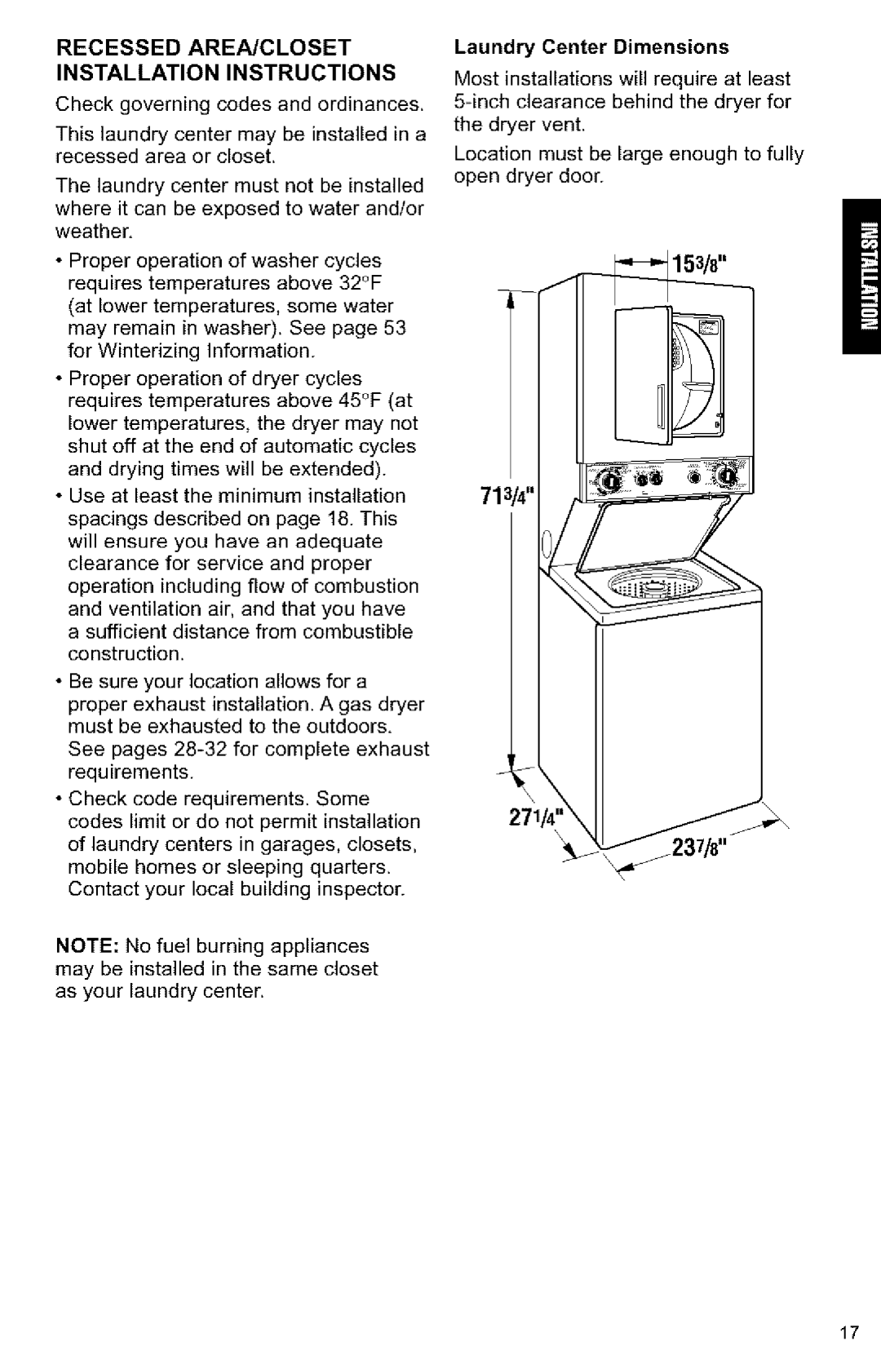 Kenmore 3405594 owner manual Recessed AREA/CLOSET Installation Instructions, Laundry Center Dimensions 