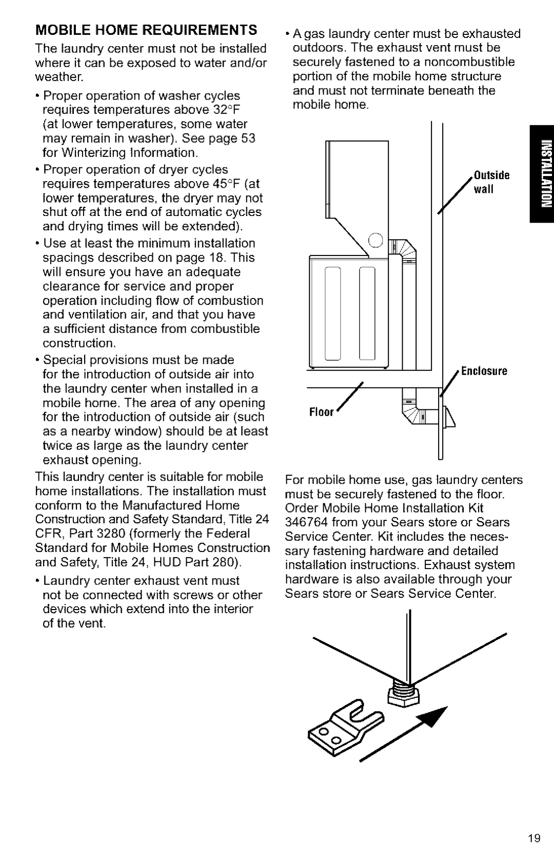 Kenmore 3405594 owner manual Mobile Home Requirements, Ootside Wall Enclosure 