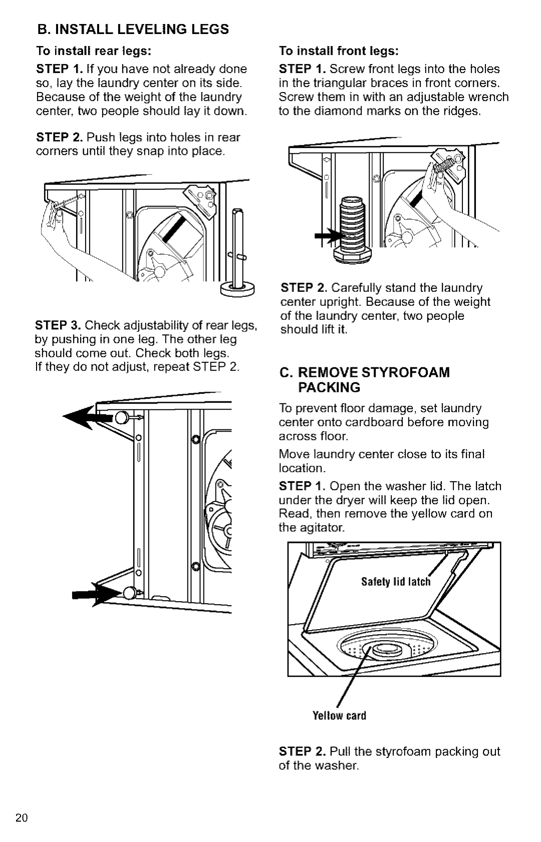 Kenmore 3405594 owner manual Install Leveling Legs, Remove Styrofoam Packing, To install rear legs, To install front legs 