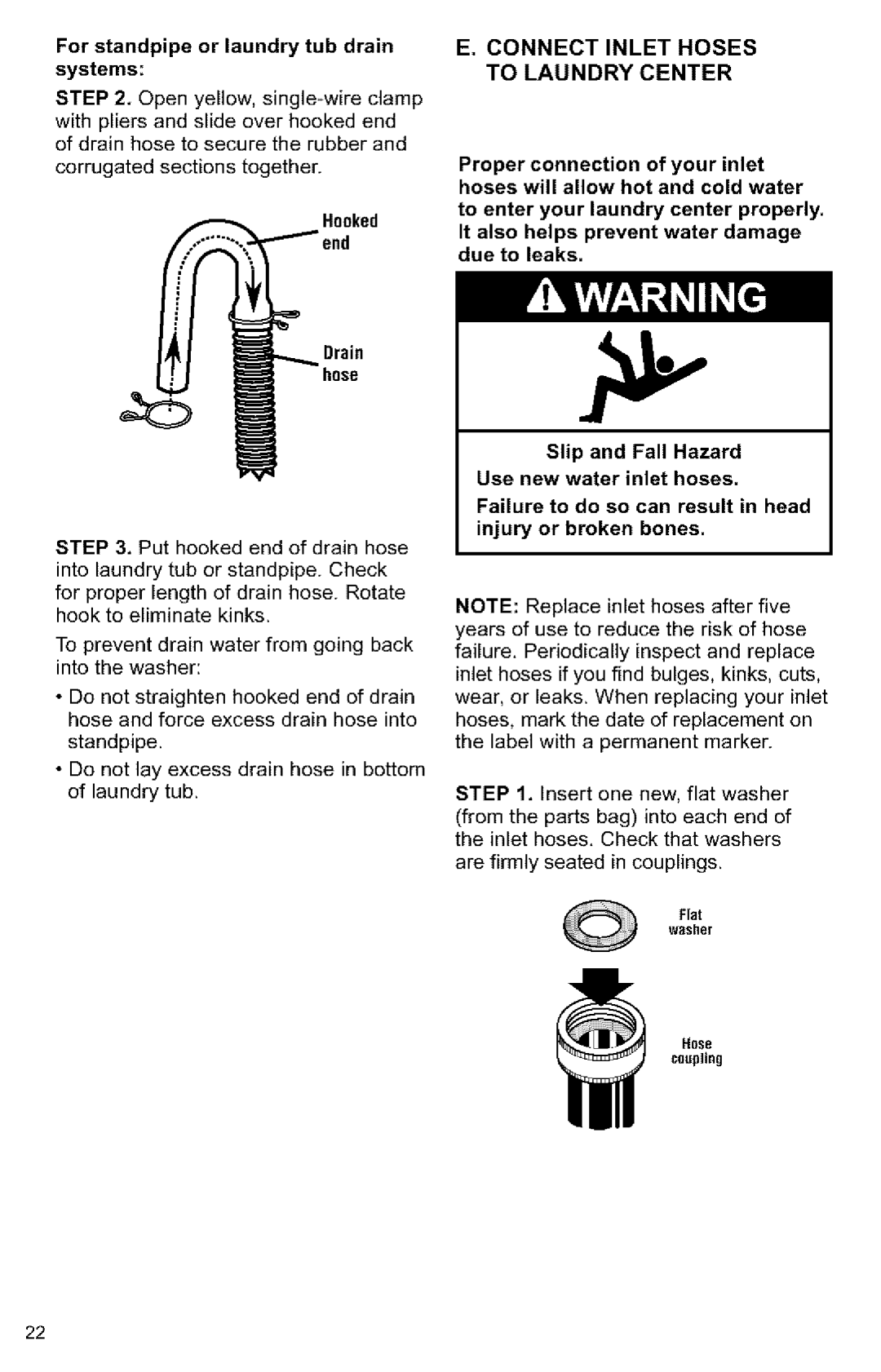 Kenmore 3405594 owner manual Connectinlethoses to Laundry Center, For standpipe or laundry tub drain systems 