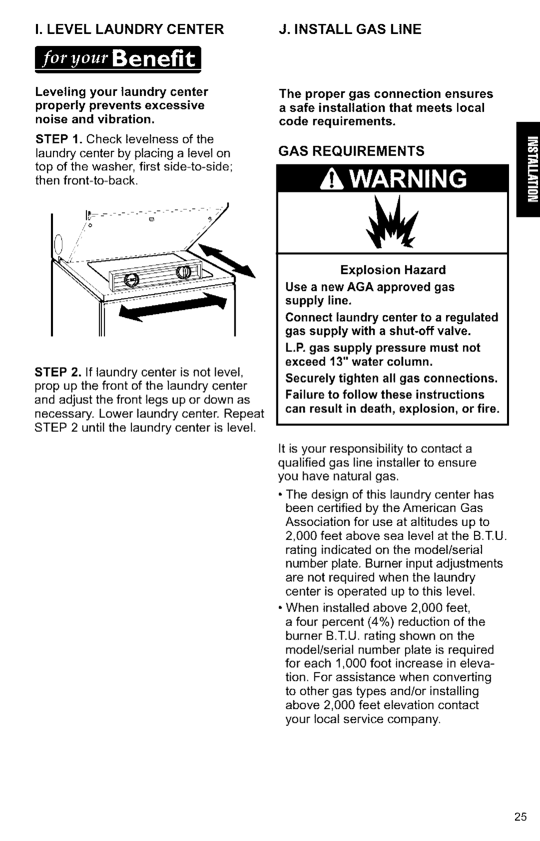 Kenmore 3405594 GAS Requirements, Level Laundry Center, Install GAS Line, Can result in death, explosion, or fire 