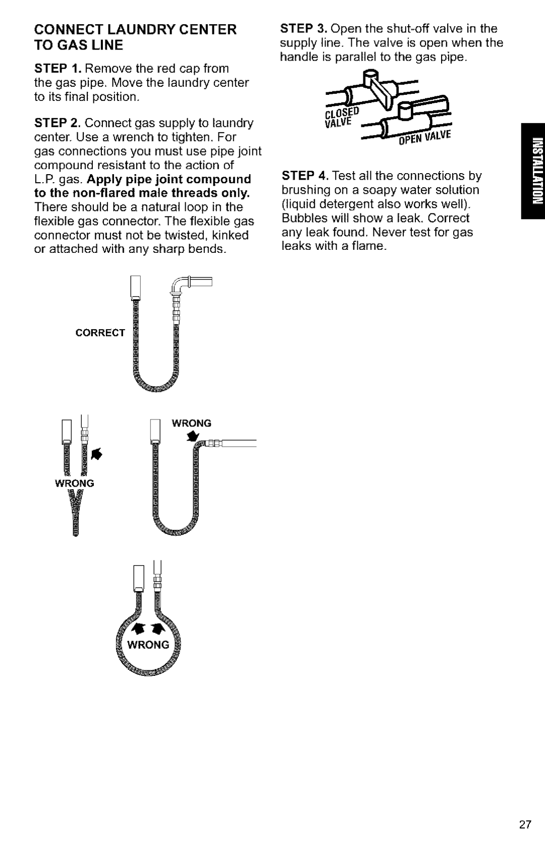 Kenmore 3405594 owner manual Connect Laundry Center to GAS Line 