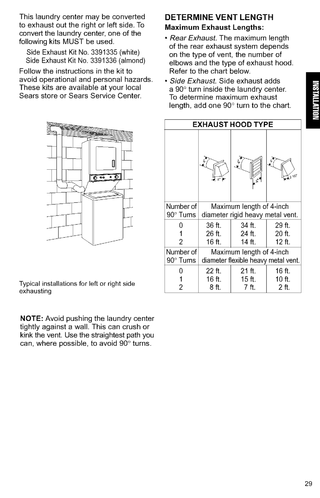 Kenmore 3405594 owner manual Determine Vent Length, Maximum Exhaust Lengths, Exhaust Hood Type 