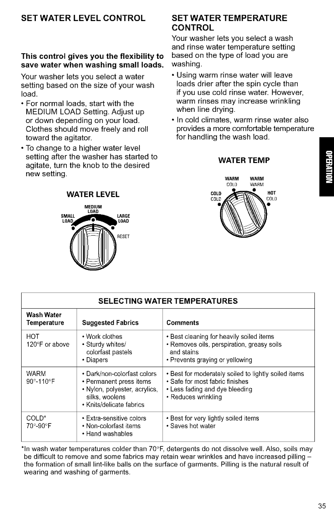 Kenmore 3405594 SET Water Level Control, SET Water Temperature Control, Based on the type of load you are washing 