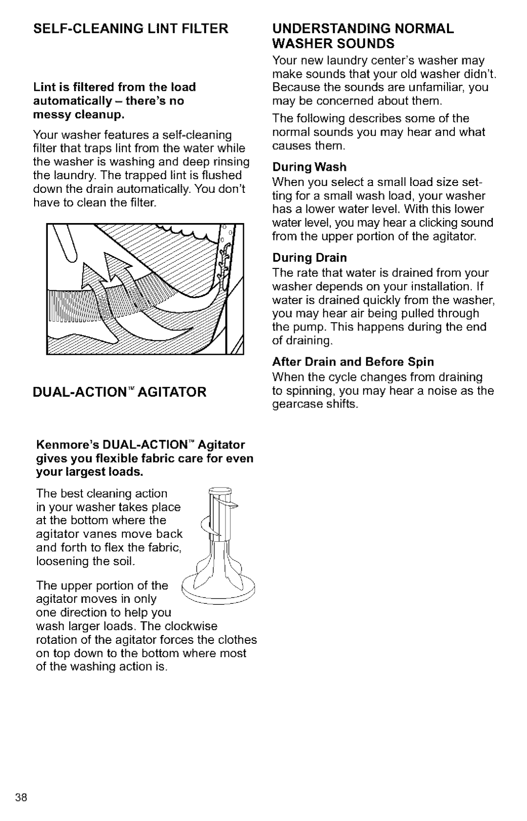 Kenmore 3405594 owner manual SELF-CLEANING Lint Filter, DUAL-ACTION TM Agitator, Washer Sounds 