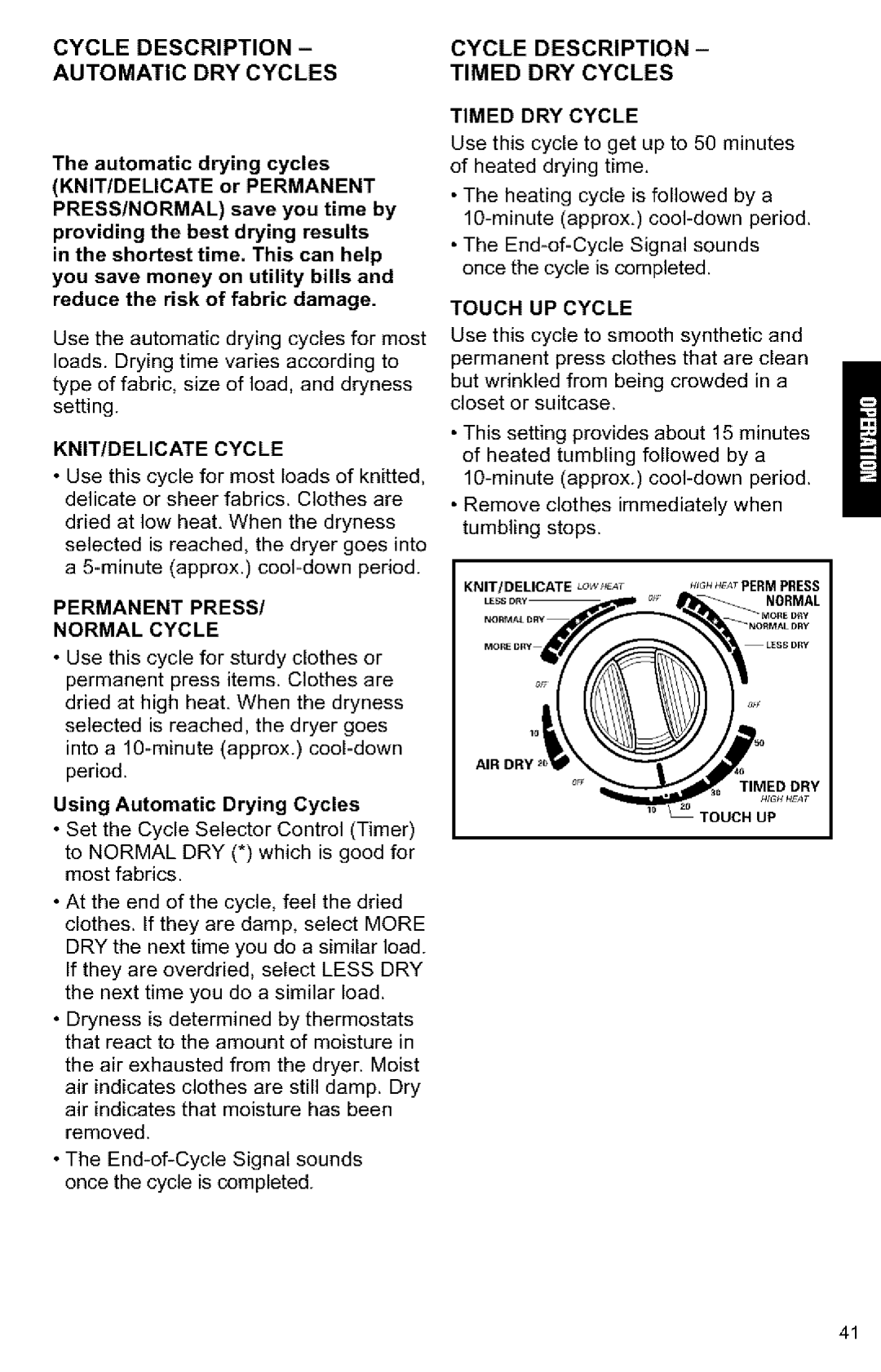 Kenmore 3405594 Cycle Description Automatic DRY Cycles, Cycle Description Timed DRY Cycles, KNIT/DELICATE Cycle 