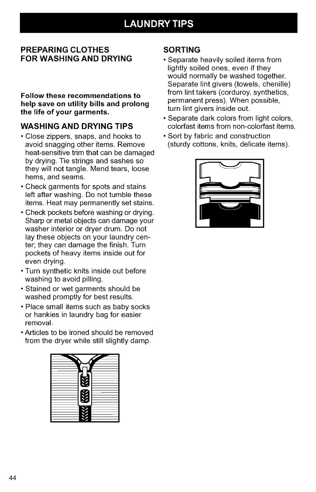 Kenmore 3405594 owner manual Preparing Clothes For Washing and Drying, Sorting, Washing and Drying Tips 