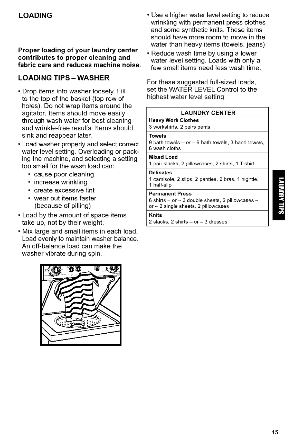 Kenmore 3405594 owner manual Loading Tips Washer, Laundry Center 