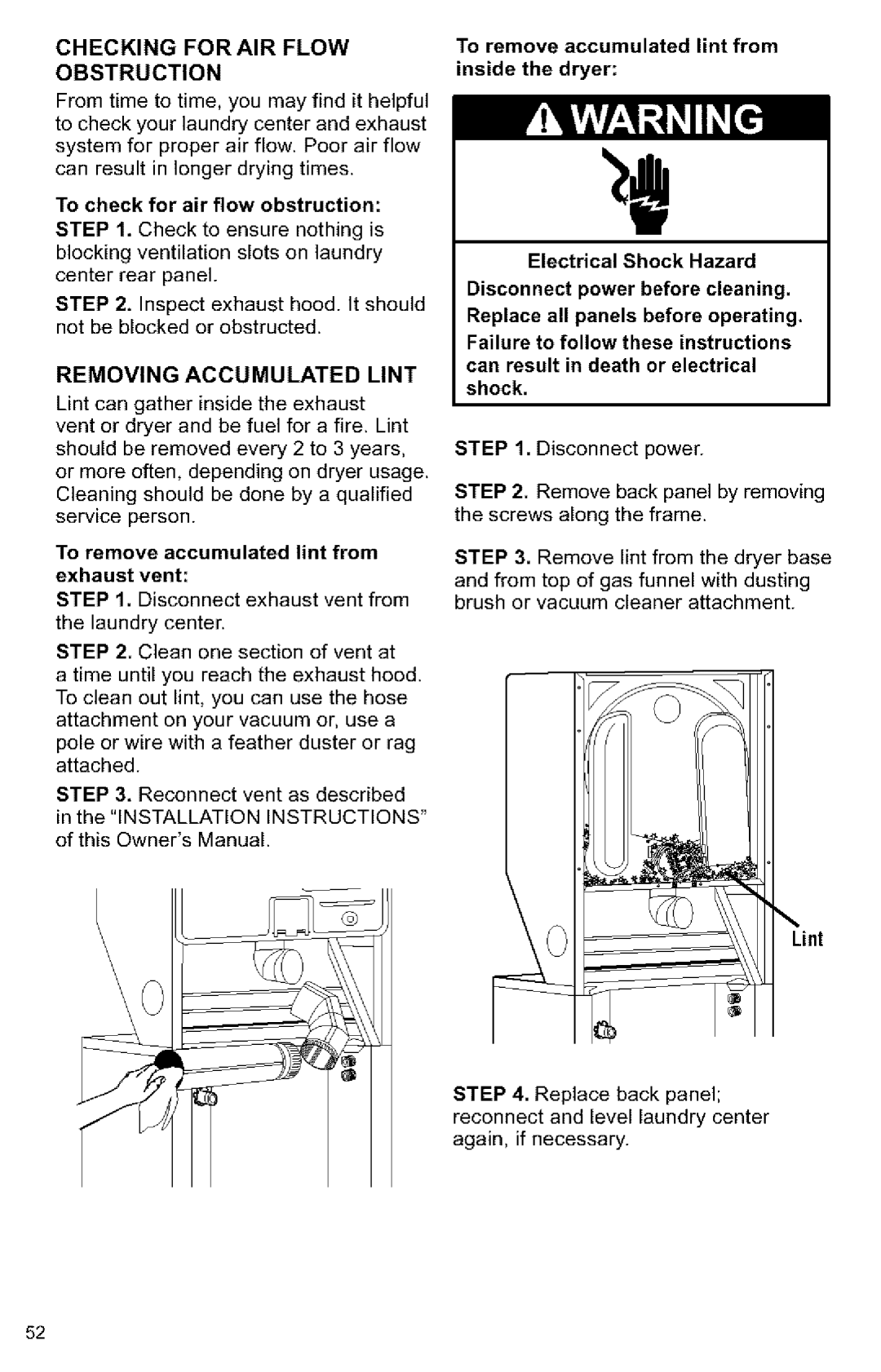 Kenmore 3405594 Checking for AIR Flow Obstruction, Removing Accumulated Lint, To check for air flow obstruction 