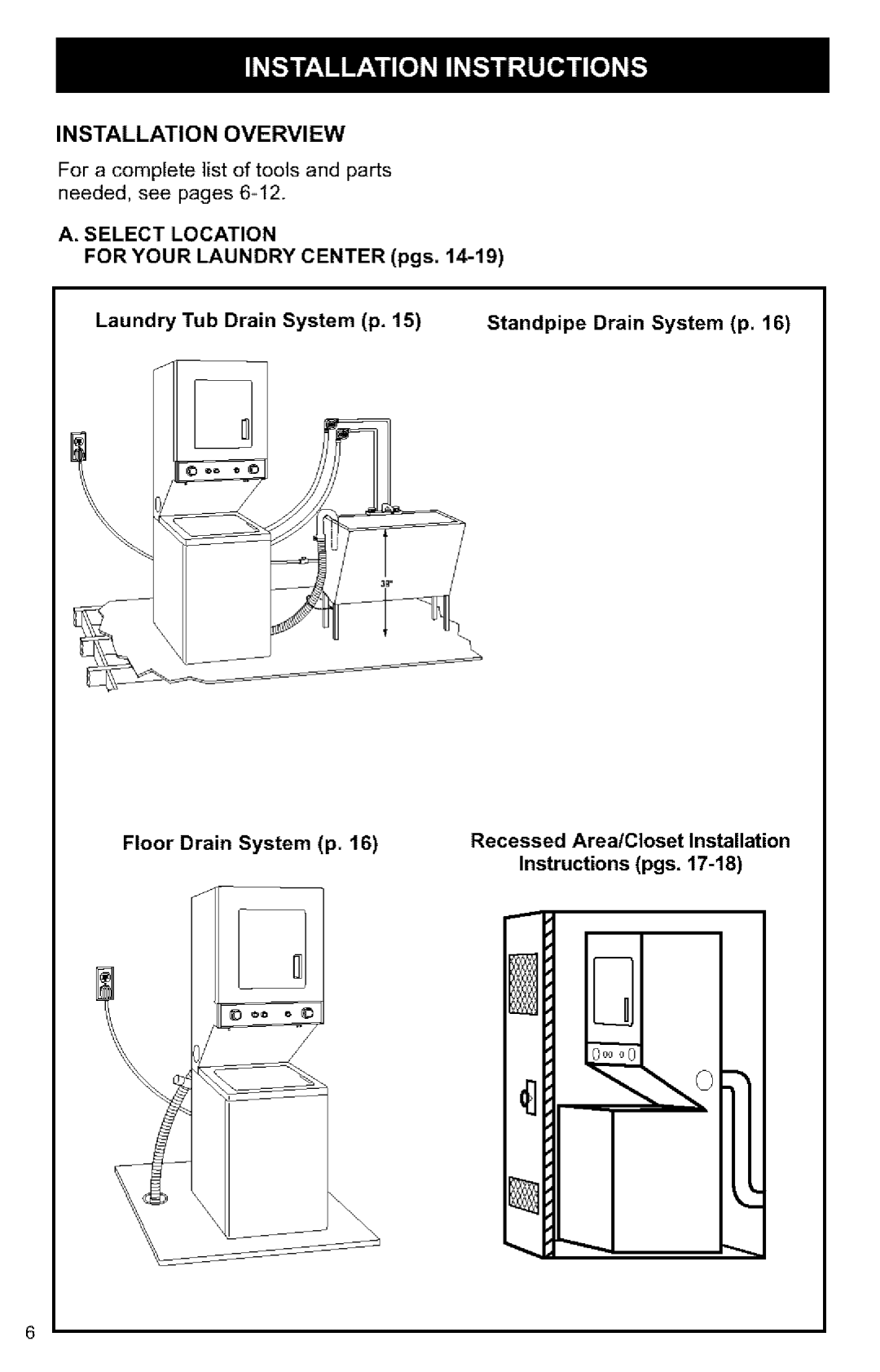 Kenmore 3405594 Installation Overview, For a complete list of tools and parts needed, see pages, Select Location, 17-18 