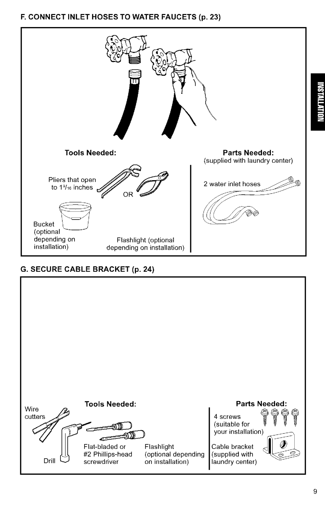 Kenmore 3405594 owner manual Connect Inlet Hoses to Water Faucets p, Secure Cable Bracket p 