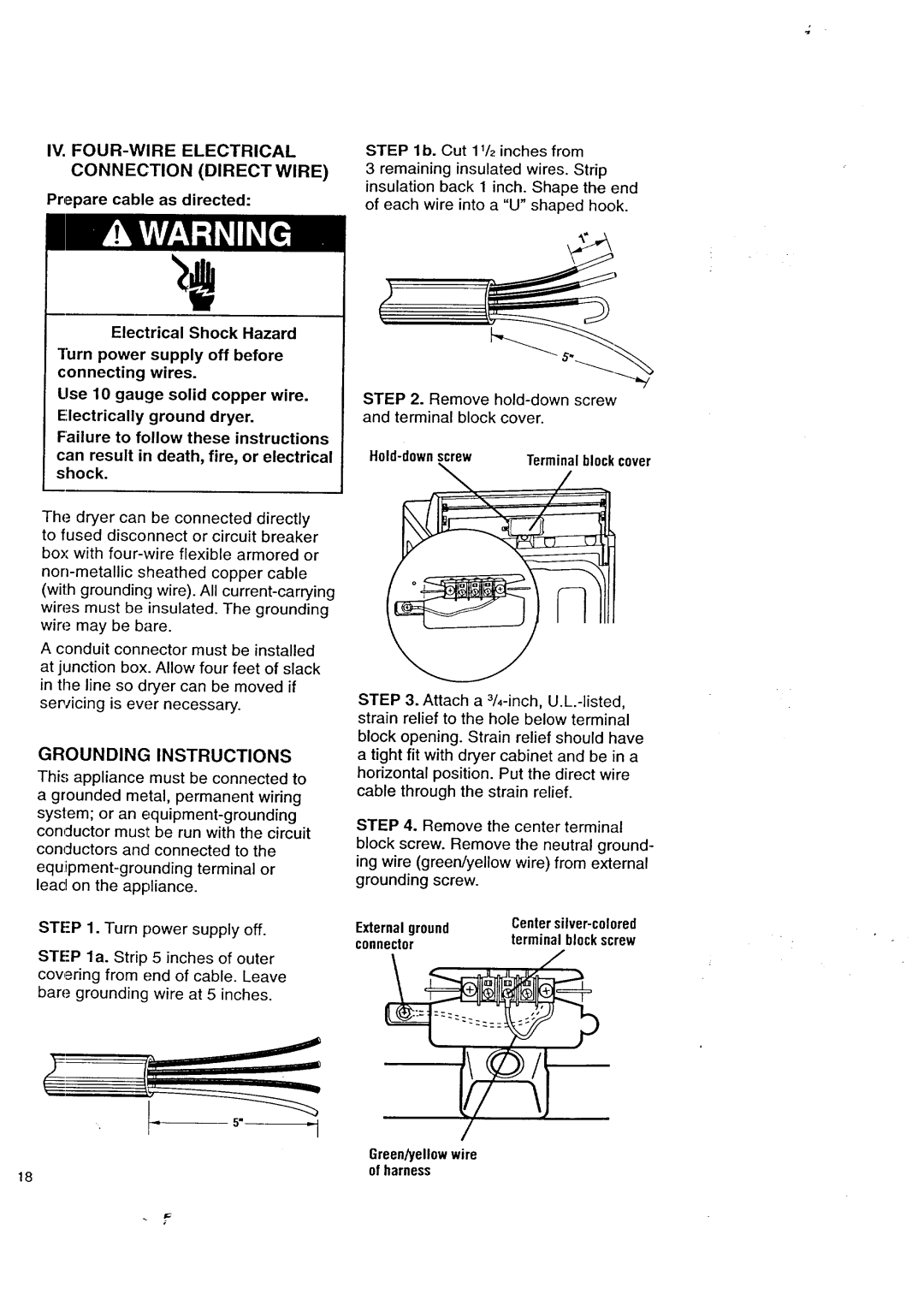 Kenmore 3405602 owner manual IV. FOUR-WIRE Electrical Connection Direct Wire, Grounding Instructions 