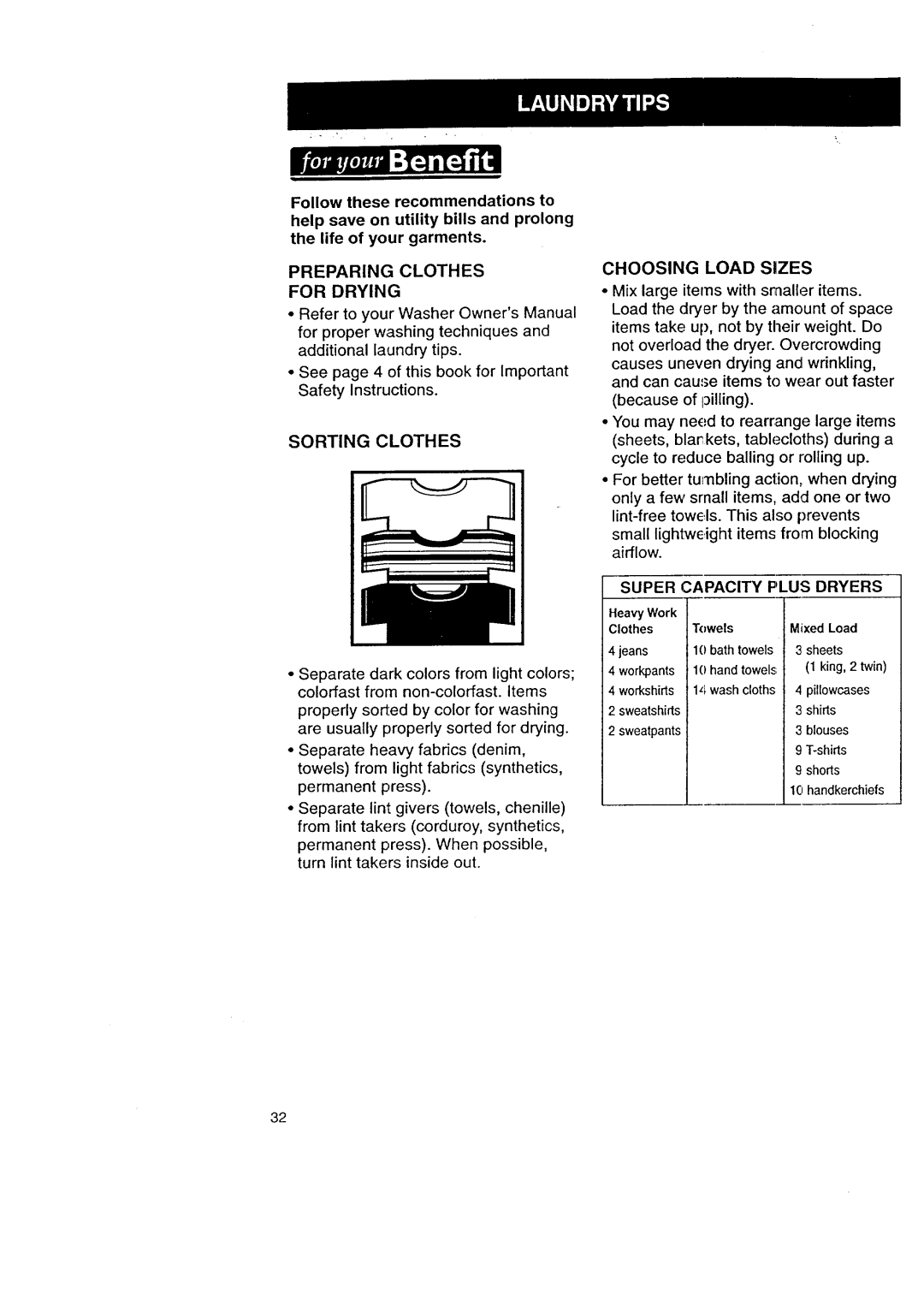 Kenmore 3405602 owner manual Preparing Clothes For Drying, Choosing Load Sizes, Super Capacity Plus Dryers 